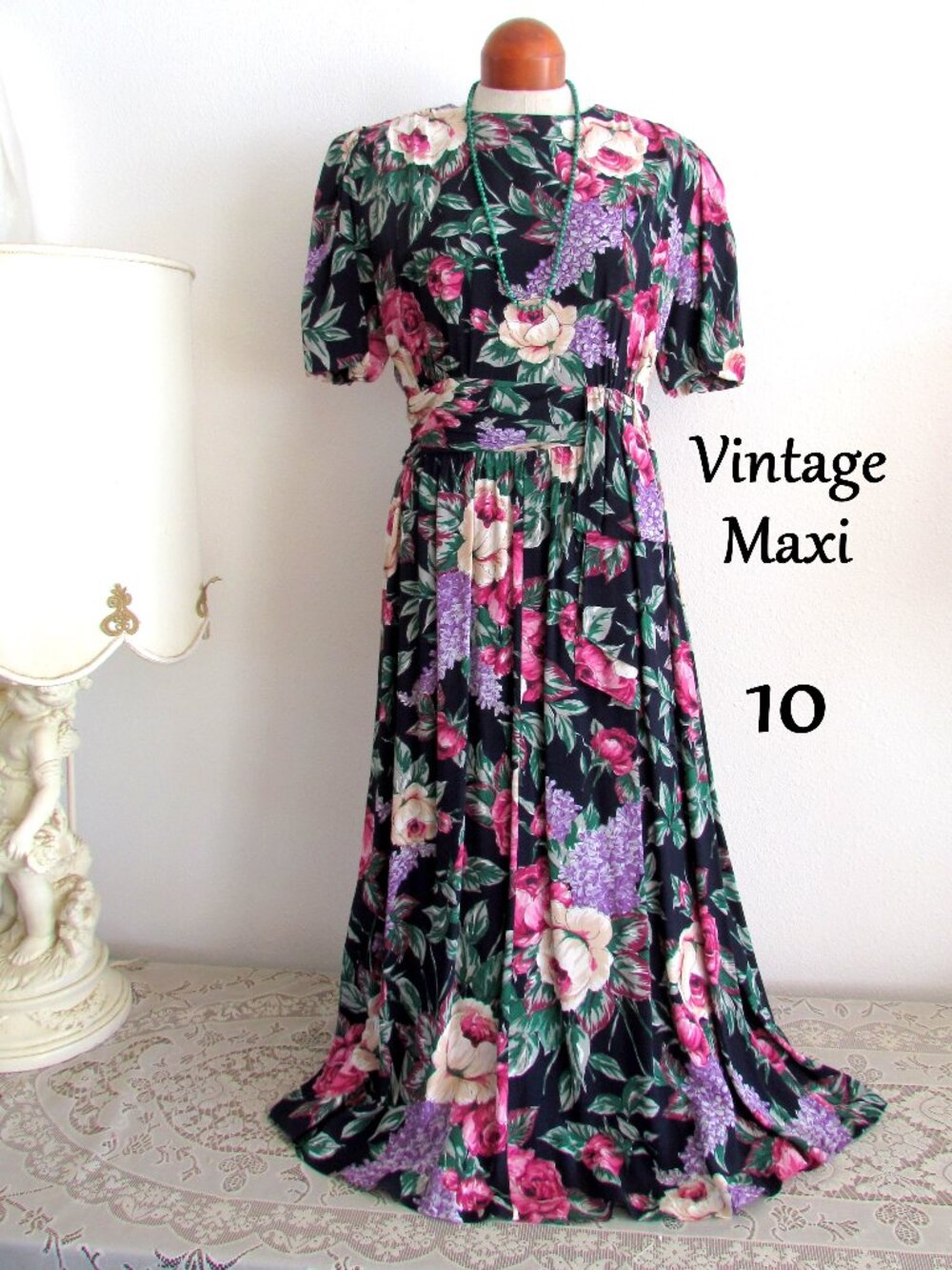 TEA PARTY DRESS, 10, VINTAGE MAXI, 1980s FLORAL w SHORT SLEEVES, JANE SINGER